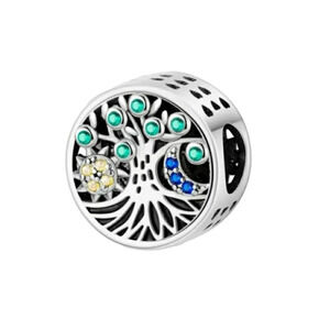 Family Tree Bracelet Charm Round 925 Sterling Silver Multicolor Zirconia Detail